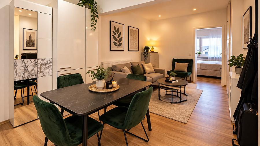 Wohnzimmer mit Küche – weitere Ansicht