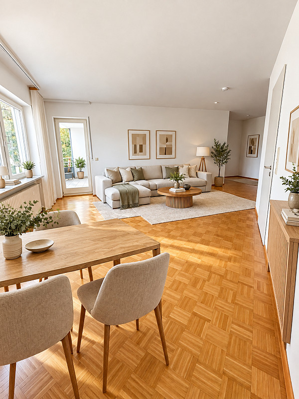 Helles skandinavisches Wohnzimmer mit Essbereich