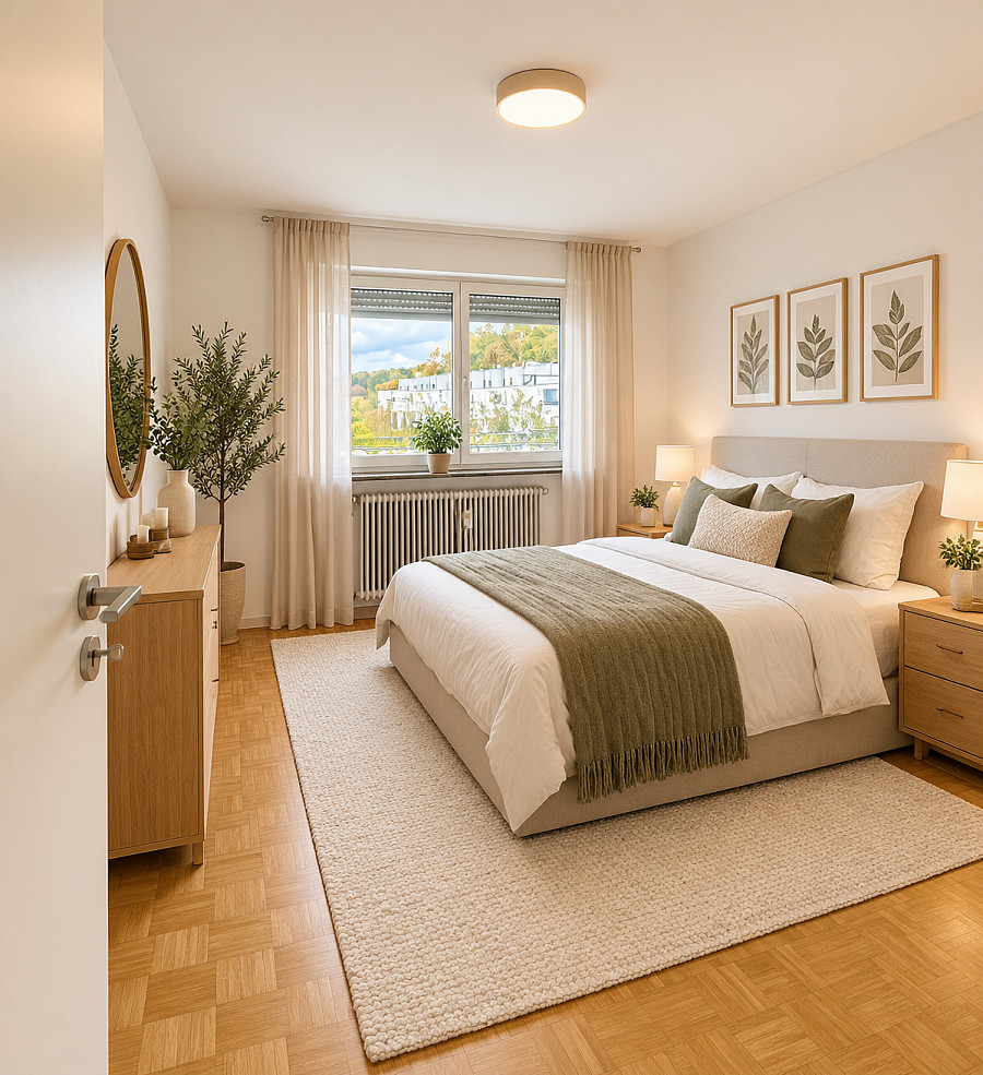 Skandinavisches Schlafzimmer mit warmen Naturtönen – weitere Ansicht